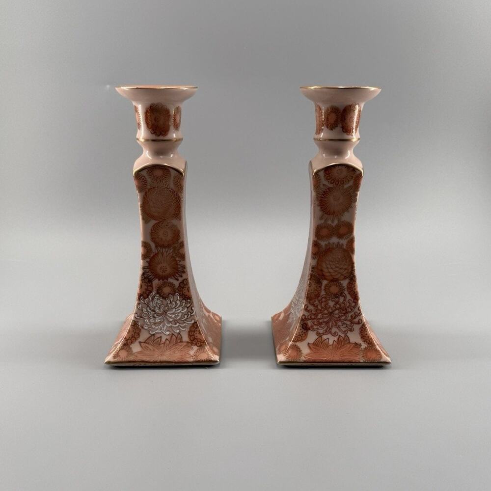 Vintage Andrea by Sadek 7763 Candlesticks Pair Orange Floral Gold Porcelain